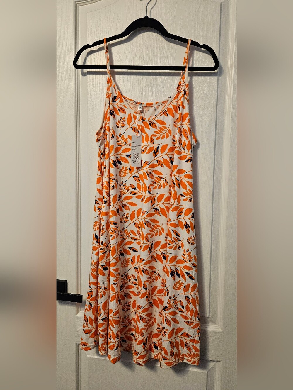 White Slip Midi Dress with Orange Leaf Print